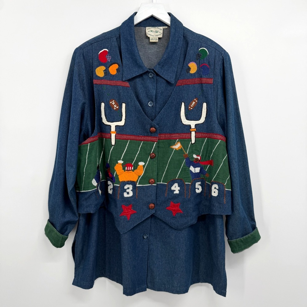 Vintage Embroidered Football Field Denim Top Shirt Plus 20W Game Day Novelty 2X
